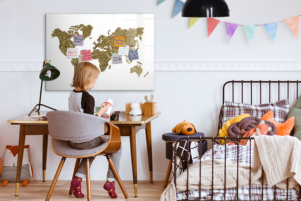 Decoratief glazen wandbord beschrijfbaar en magnetisch Wereldkaart met fotolocaties