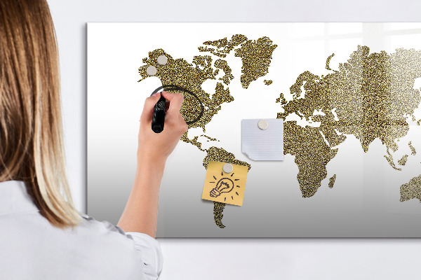 Decoratief glazen wandbord beschrijfbaar en magnetisch Wereldkaart met fotolocaties