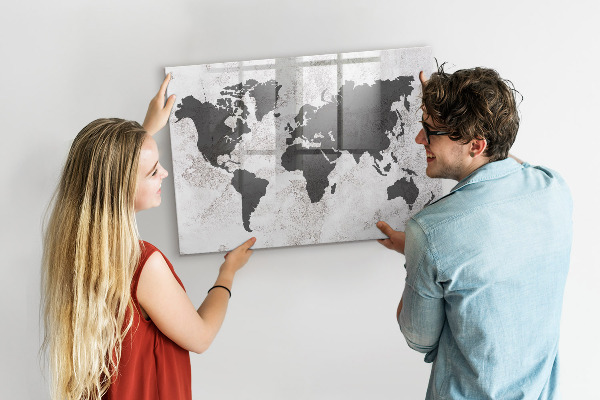 Memobord van glas met print inclusief neodymium magneten Een wereldkaart met herinneringen en aantekeningen.