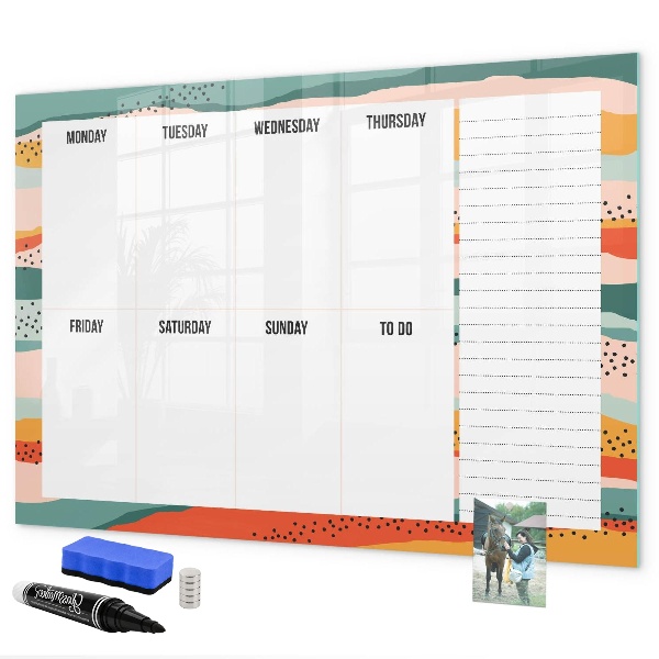 Decoratief glazen wandbord beschrijfbaar en magnetisch Weekplanner met ruimte voor foto's