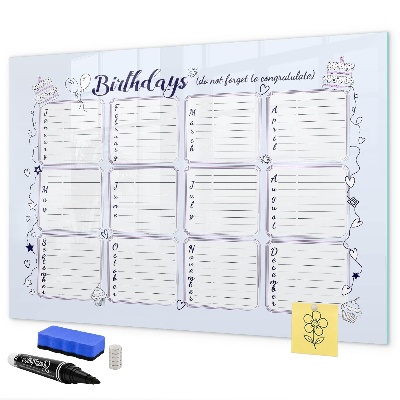 Memobord van glas met print inclusief neodymium magneten Verjaardagskalender met ruimte voor foto's