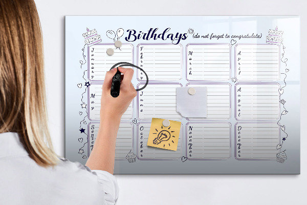 Memobord van glas met print inclusief neodymium magneten Verjaardagskalender met ruimte voor foto's