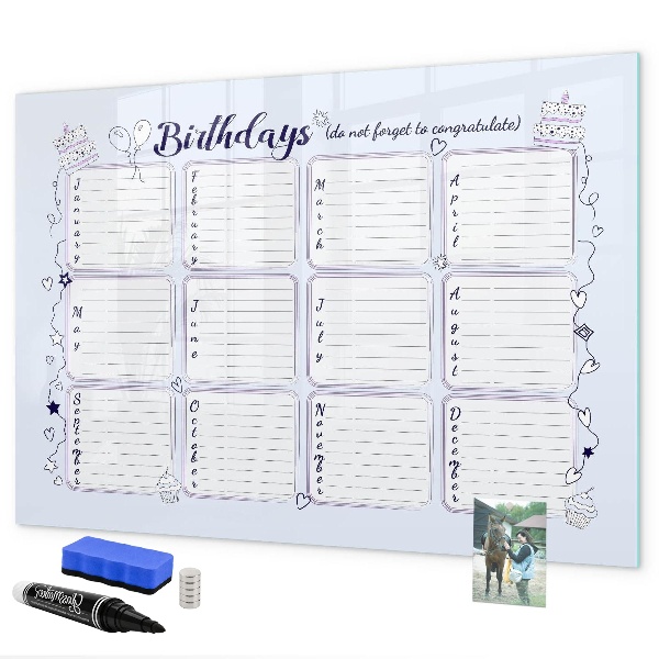 Memobord van glas met print inclusief neodymium magneten Verjaardagskalender met ruimte voor foto's