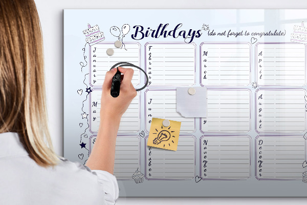 Memobord van glas met print inclusief neodymium magneten Verjaardagskalender met ruimte voor foto's