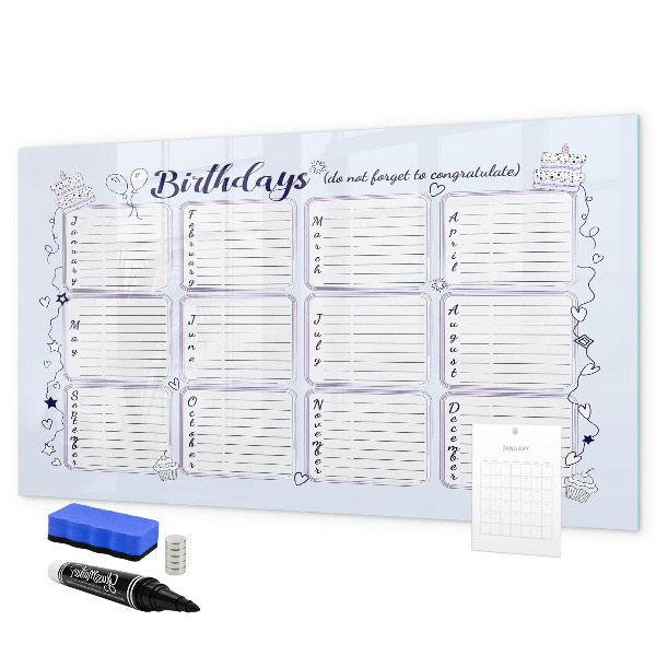 Memobord van glas met print inclusief neodymium magneten Verjaardagskalender met ruimte voor foto's