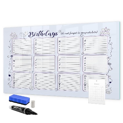 Memobord van glas met print inclusief neodymium magneten Verjaardagskalender met ruimte voor foto's