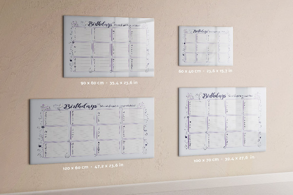 Memobord van glas met print inclusief neodymium magneten Verjaardagskalender met ruimte voor foto's