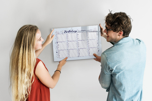 Memobord van glas met print inclusief neodymium magneten Verjaardagskalender met ruimte voor foto's