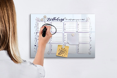 Memobord van glas met print inclusief neodymium magneten Verjaardagskalender met ruimte voor foto's