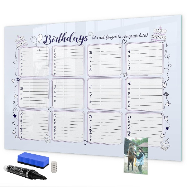Memobord van glas met print inclusief neodymium magneten Verjaardagskalender met ruimte voor foto's