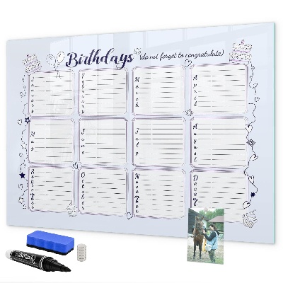 Memobord van glas met print inclusief neodymium magneten Verjaardagskalender met ruimte voor foto's