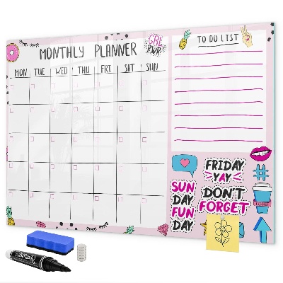 Memobord van glas met print inclusief neodymium magneten Maandplanner met ruimte voor foto's