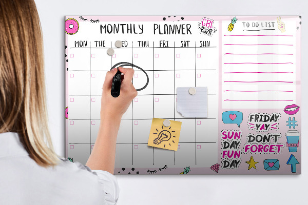 Memobord van glas met print inclusief neodymium magneten Maandplanner met ruimte voor foto's
