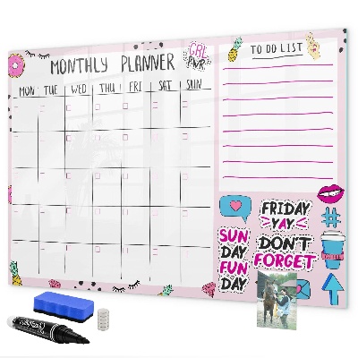 Memobord van glas met print inclusief neodymium magneten Maandplanner met ruimte voor foto's