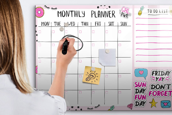 Memobord van glas met print inclusief neodymium magneten Maandplanner met ruimte voor foto's