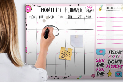 Memobord van glas met print inclusief neodymium magneten Maandplanner met ruimte voor foto's