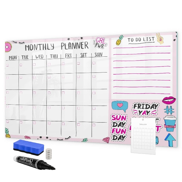 Memobord van glas met print inclusief neodymium magneten Maandplanner met ruimte voor foto's