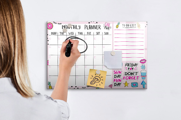 Memobord van glas met print inclusief neodymium magneten Maandplanner met ruimte voor foto's