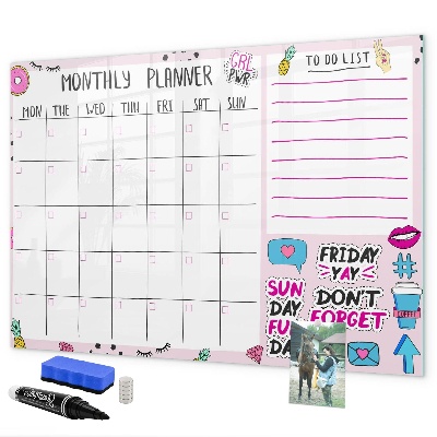 Memobord van glas met print inclusief neodymium magneten Maandplanner met ruimte voor foto's