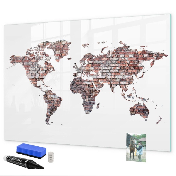 Memobord van glas met print inclusief neodymium magneten Wereldkaart met fotolocaties