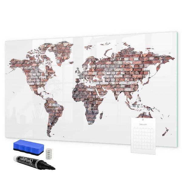 Memobord van glas met print inclusief neodymium magneten Wereldkaart met fotolocaties