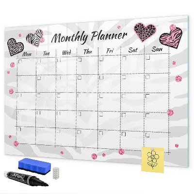 Decoratief glazen wandbord beschrijfbaar en magnetisch Maandplanner met hartjes en foto's