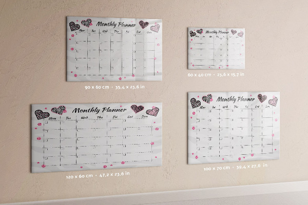 Decoratief glazen wandbord beschrijfbaar en magnetisch Maandplanner met hartjes en foto's
