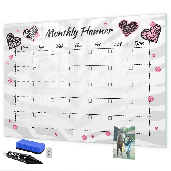Decoratief glazen wandbord beschrijfbaar en magnetisch Maandplanner met hartjes en foto's