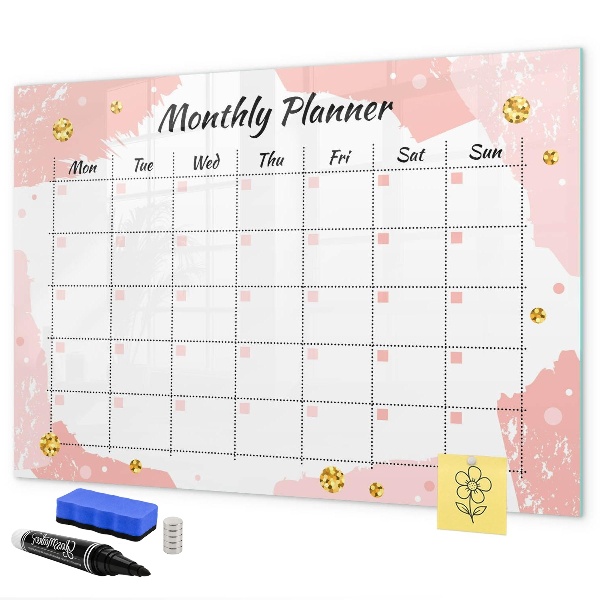Memobord van glas met print inclusief neodymium magneten Maandplanner met ruimte voor foto's