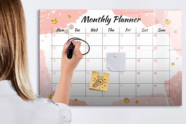Memobord van glas met print inclusief neodymium magneten Maandplanner met ruimte voor foto's