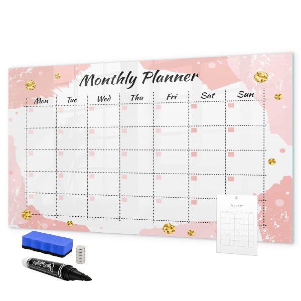 Memobord van glas met print inclusief neodymium magneten Maandplanner met ruimte voor foto's