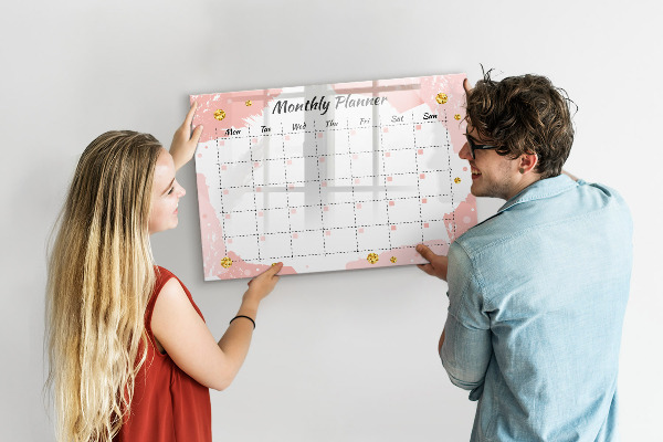 Memobord van glas met print inclusief neodymium magneten Maandplanner met ruimte voor foto's