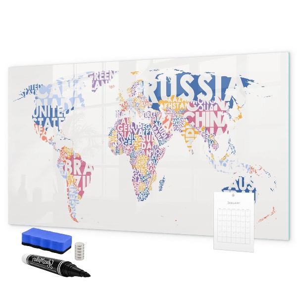 Decoratief glazen wandbord beschrijfbaar en magnetisch Een wereldkaart met persoonlijke herinneringen.