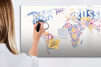 Decoratief glazen wandbord beschrijfbaar en magnetisch Een wereldkaart met persoonlijke herinneringen.
