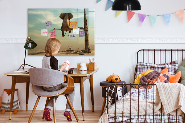 Memobord van glas met print inclusief neodymium magneten Olifanten en herinneringen aan de muur