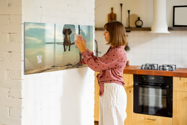 Memobord van glas met print inclusief neodymium magneten Olifanten en herinneringen aan de muur