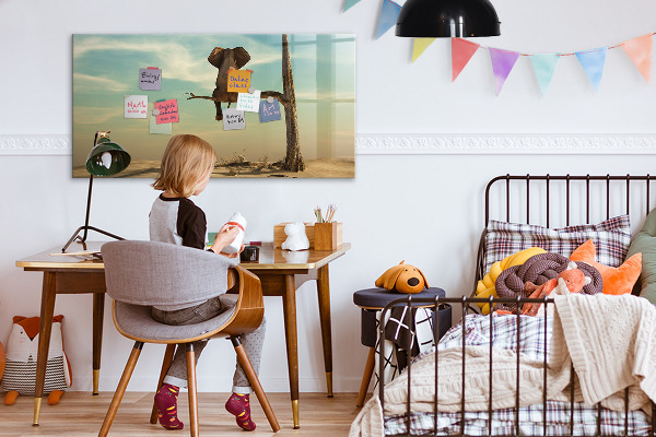 Memobord van glas met print inclusief neodymium magneten Olifanten en herinneringen aan de muur