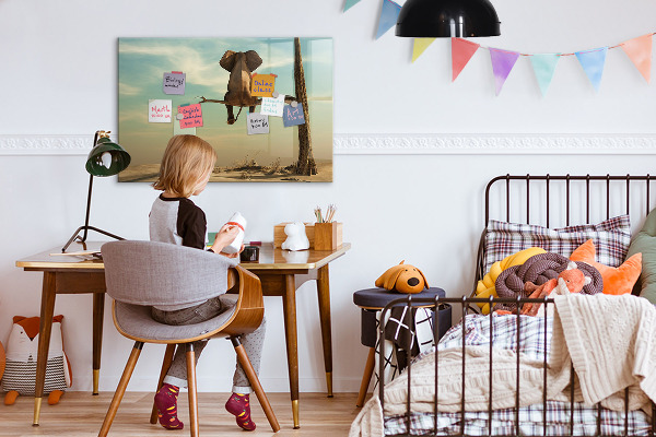 Memobord van glas met print inclusief neodymium magneten Olifanten en herinneringen aan de muur