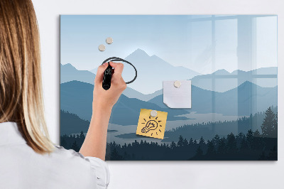 Decoratief glazen wandbord beschrijfbaar en magnetisch Een landschap met een plek voor herinneringen.