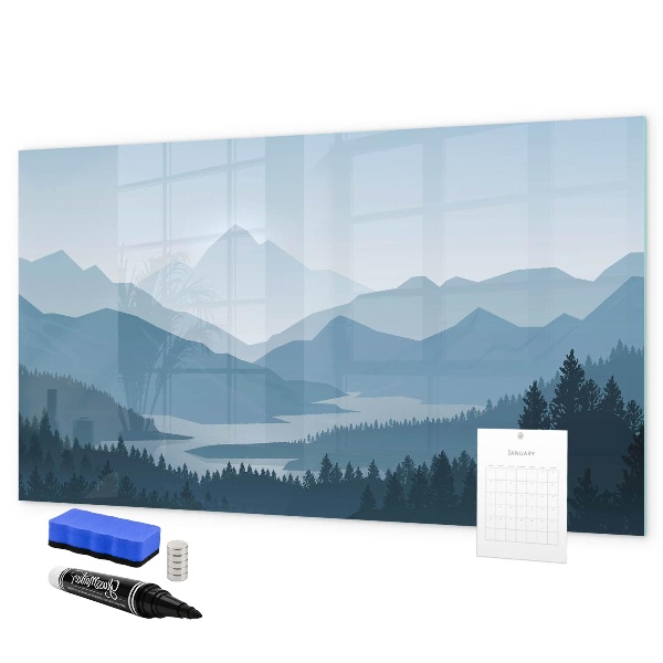 Decoratief glazen wandbord beschrijfbaar en magnetisch Een landschap met een plek voor herinneringen.