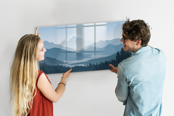 Decoratief glazen wandbord beschrijfbaar en magnetisch Een landschap met een plek voor herinneringen.
