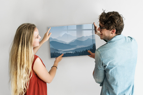 Decoratief glazen wandbord beschrijfbaar en magnetisch Een landschap met een plek voor herinneringen.