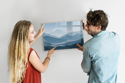 Decoratief glazen wandbord beschrijfbaar en magnetisch Een landschap met een plek voor herinneringen.