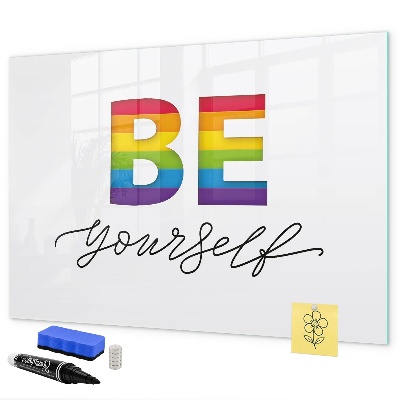 Decoratief glazen wandbord beschrijfbaar en magnetisch Wees jezelf en deel momenten.