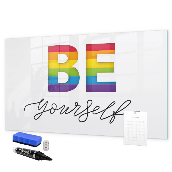 Decoratief glazen wandbord beschrijfbaar en magnetisch Wees jezelf en deel momenten.