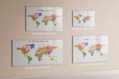 Memobord van glas met print inclusief neodymium magneten Wereldkaart met plaatsen om te markeren
