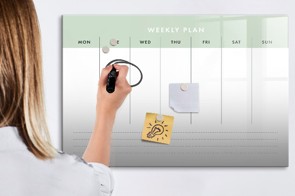 Memobord van glas met print inclusief neodymium magneten Weekplanning met ruimte voor foto's