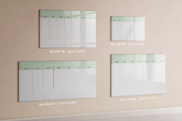 Memobord van glas met print inclusief neodymium magneten Weekplanning met ruimte voor foto's