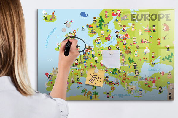 Decoratief glazen wandbord beschrijfbaar en magnetisch Interactieve kaart van Europa om uw reizen te markeren.