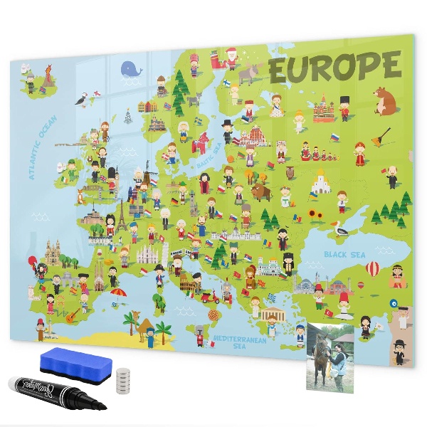 Decoratief glazen wandbord beschrijfbaar en magnetisch Interactieve kaart van Europa om uw reizen te markeren.